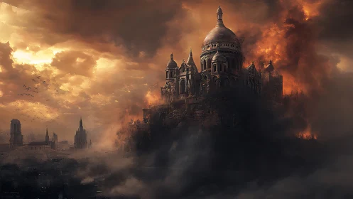 Stormlit citadel crowns a burning horizon of ember clouds