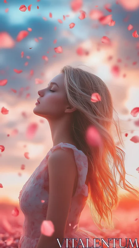 Young woman in floral dress with falling petals at dusk.