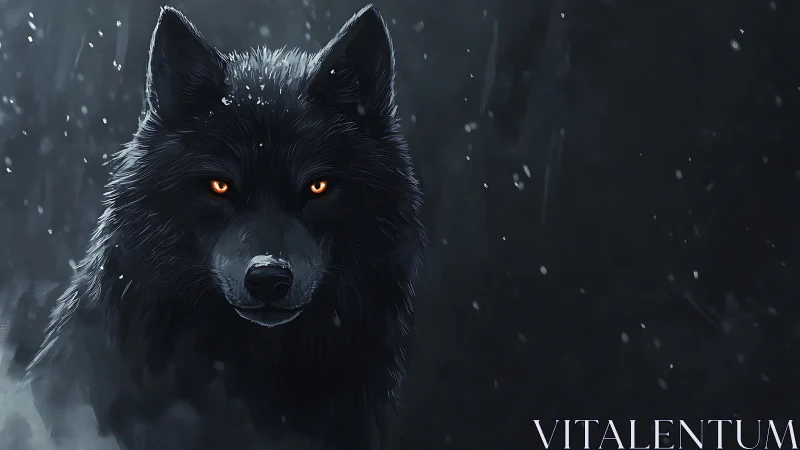 Midnight wolf with ember eyes in a quiet snowfall.