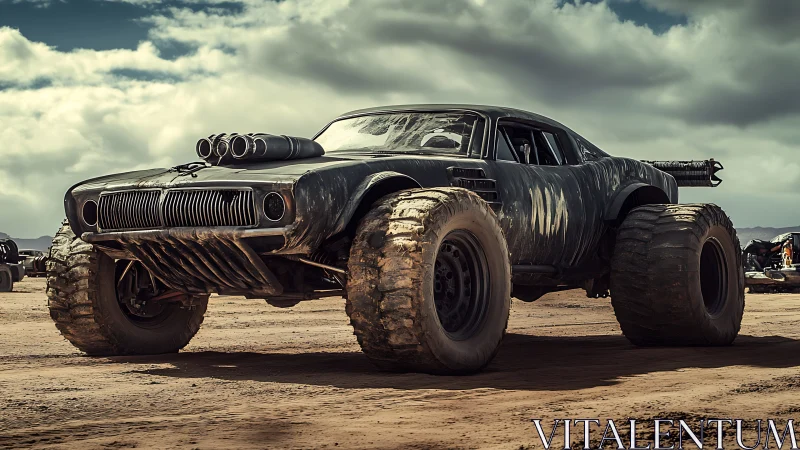 Post apocalyptic muscle car with oversized desert tires.