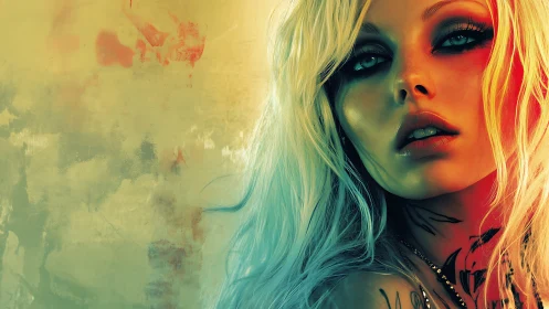 Chromatic portrait of tattooed woman with neon rim lighting.