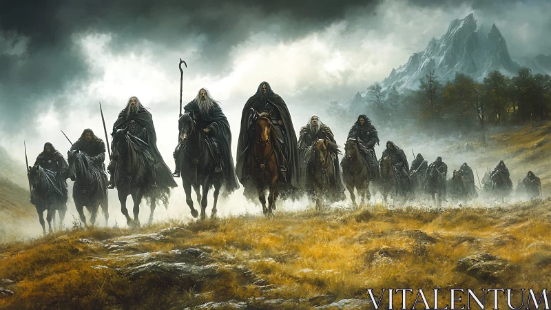Riders in dark cloaks crossing a misty mountain valley.