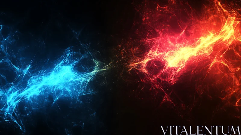 Bicolor energy streams collide in luminous abstract field.