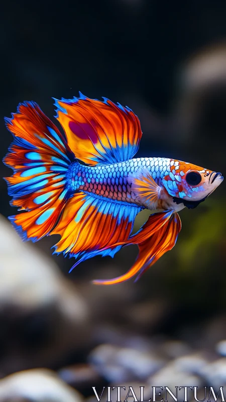 Vibrant betta fish glides through dark water in vivid color