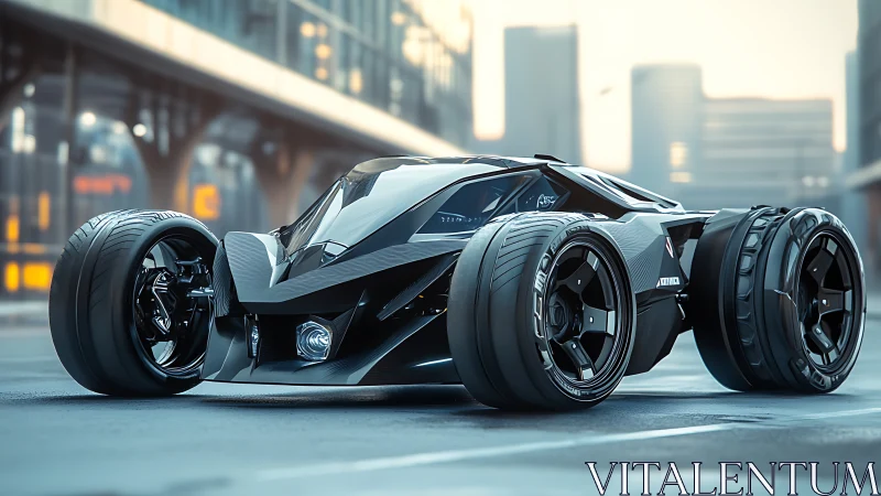 Futuristic quad-wheel hypercar on urban street at sunrise
