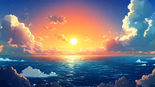 Glowing ocean sunset wrapped in dreamy painted clouds.