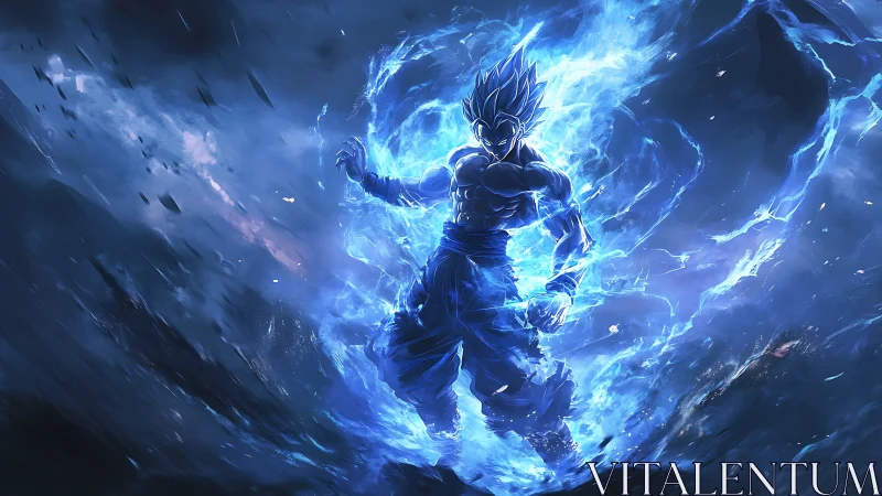 Electric blue warrior channels explosive cosmic aura power.
