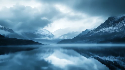 Calm blue mountain lake wrapped in soft morning mist.