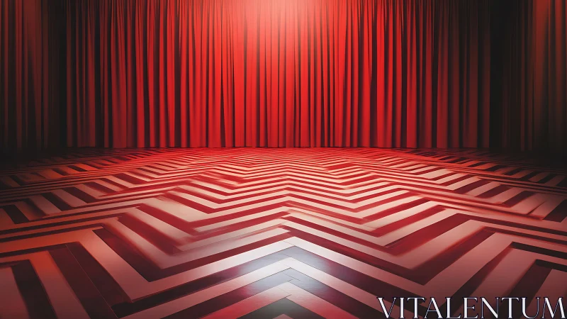 Geometric red stage interior with chevron floor perspective.