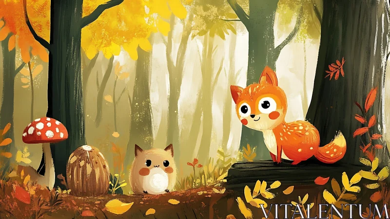 Playful fox and forest friend amid glowing autumn woods.