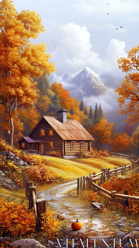 Mountain cabin glows in warm autumn forest valley twilight