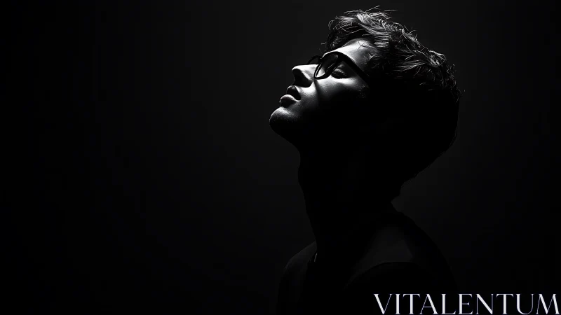 Side-lit male silhouette in dramatic low-key monochrome portrait.