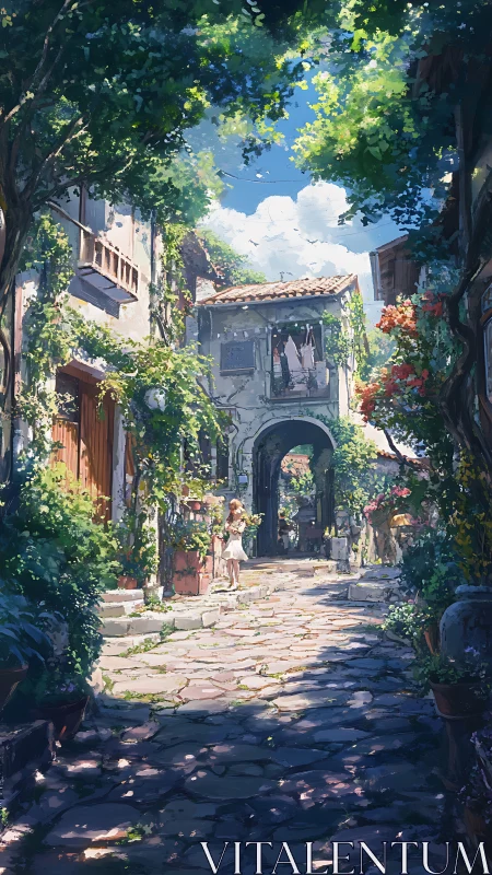 Sunlit stone alley where summer vines quietly sing.