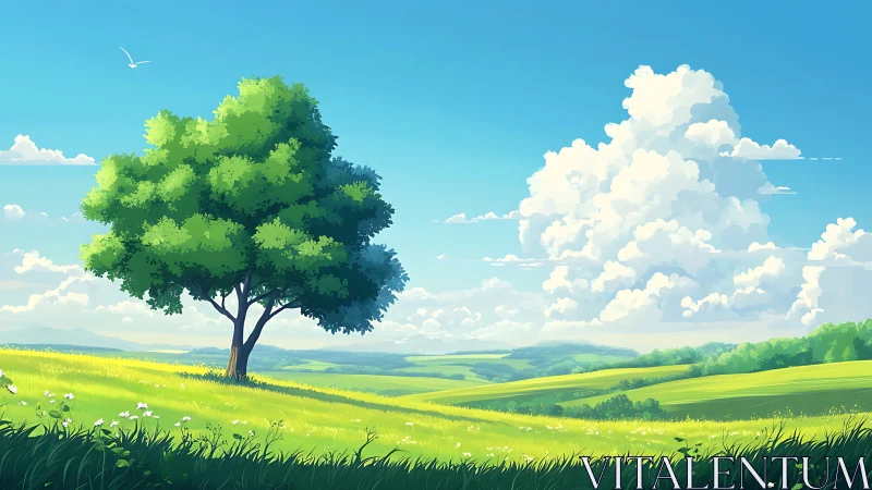 Solitary green tree stands over rolling summer meadow