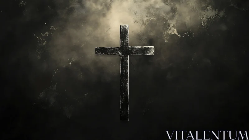 Weathered metallic cross suspended in dramatic chiaroscuro.