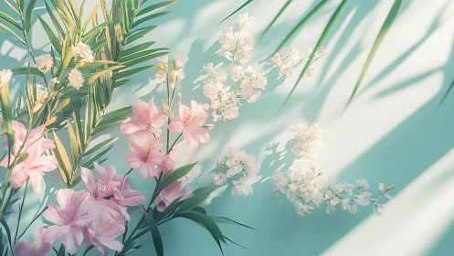 Pink and White Blooms Against Turquoise Wall.
