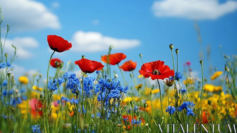 Wildflowers sway under bright summer sky with drifting clouds