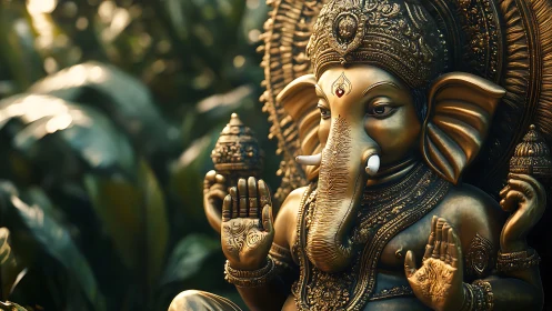 Golden Ganesh sculpture amid lush bokeh jungle light.