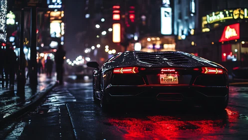 Rear supercar profile in neon drenched nocturnal streetscape.