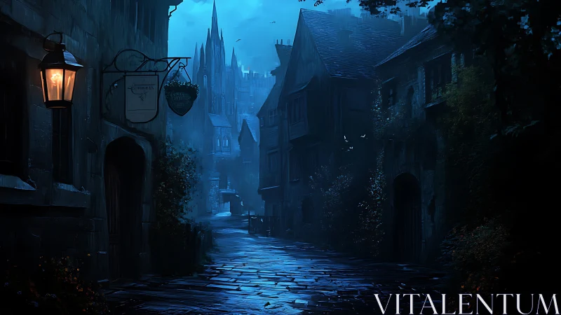 Gothic alley at night rendered in high-contrast digital painting
