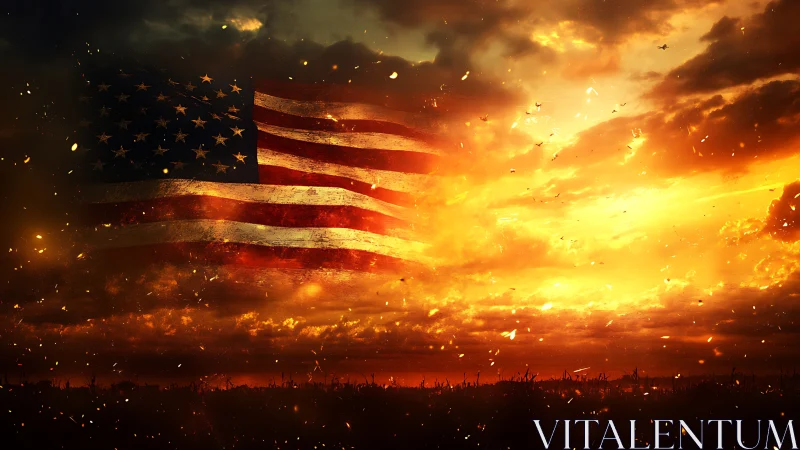 American Flag Superimposed Over Apocalyptic Fiery Sky