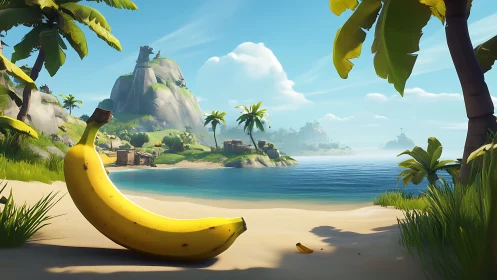 Giant Banana Lounges on Tropical Beach. Surreal Paradise Scenery.