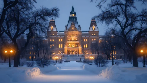 Illuminated institutional building framed by winter trees.