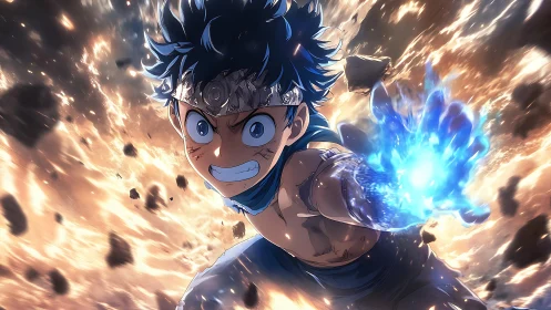 Blazing blue-fist hero punching through a storm of chaos.