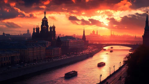 Sunset riverfront cityscape with luminous architectural silhouettes.