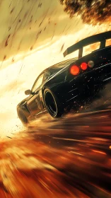 Dynamic rear-perspective race car in cinematic digital painting.