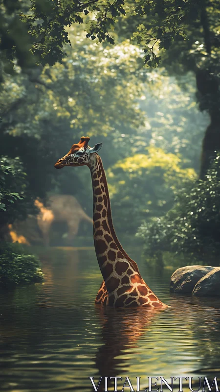 Giraffe immersed in forest river under diffused backlight