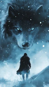 Lone warrior confronts spectral wolf in a blizzard&rsquo;s frozen hush
