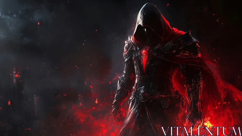 Hooded dark mage emerges wreathed in infernal crimson fire.