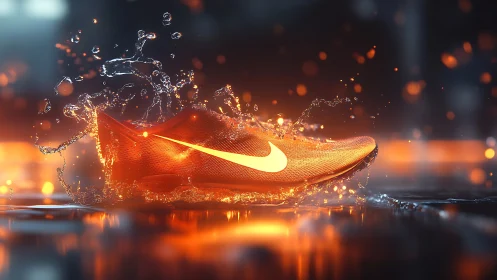 High-speed orange running shoe rendered in glowing splash motion