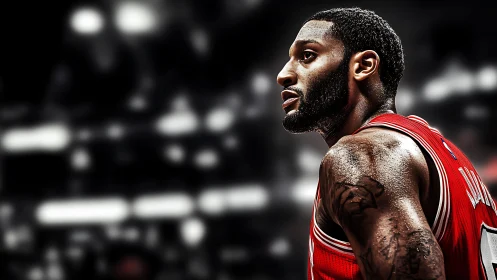 Basketball player in red jersey under arena lights at game.