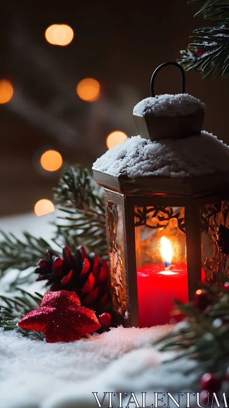 Snow-dusted lantern glow amid festive red Christmas accents.