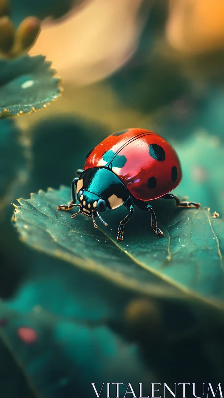 Ladybug stands on dewy leaf in shallow depth of field