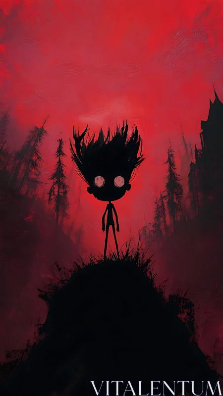 Silhouetted child on ridge under crimson atmospheric void.