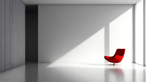 Solitary red lounge chair basks in an angular hush of light