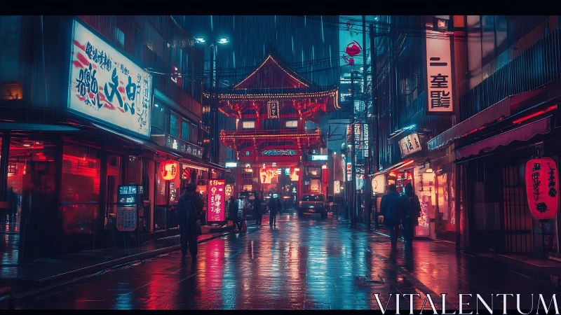 Neon city street glows softly under a calm night rain