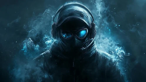 Hooded cyber-operator in blue volumetric smoke with reflective visor