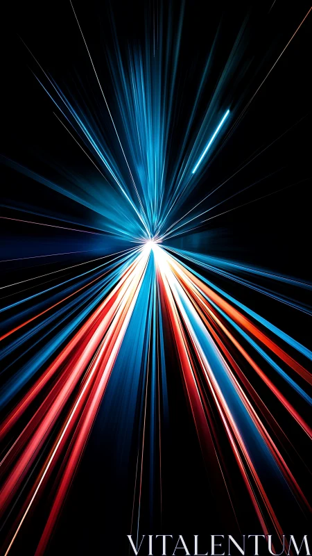 Radiating blue and red light trails converge toward center