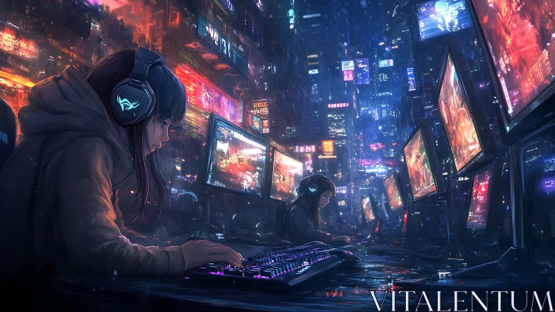 Cyberpunk gaming row with multiple monitors in neon city.
