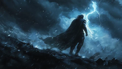 Cloaked warrior on rocky ridge under lightning storm.