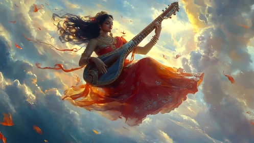 Skyborne sitar goddess threads sunlight into drifting clouds