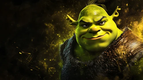 Green ogre character in textured armor, glowing backdrop.