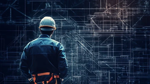 Engineering Vision: Worker Confronts Digital Blueprint Dimensions
