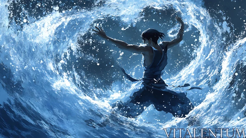 Water dancer commands crashing waves in a moonlit storm.