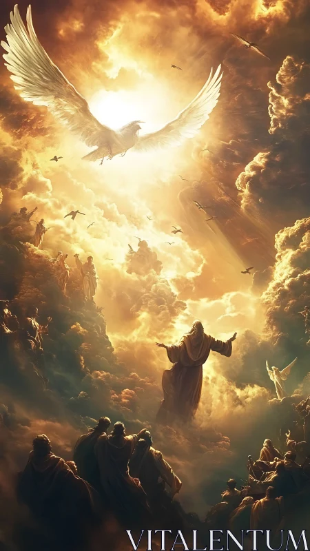 Radiant heavenly gathering beneath a glowing dove of light.