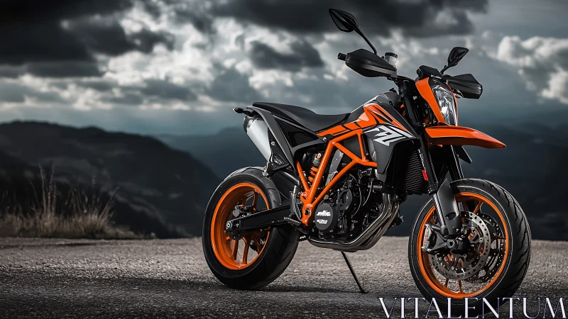 High-contrast streetfighter motorcycle under turbulent mountain sky.